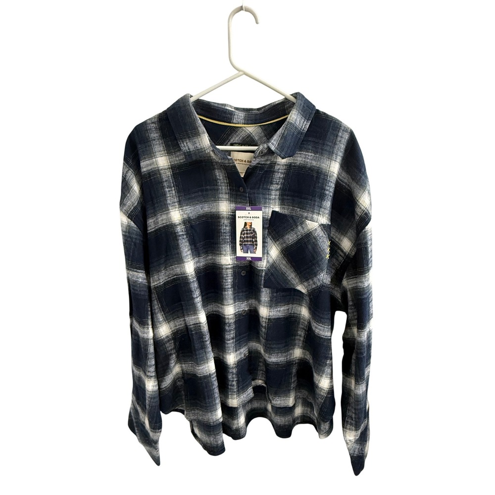 Scotch & Soda Amsterdam Navy White Plaid Flannel Button Down Shirt XXL NWT